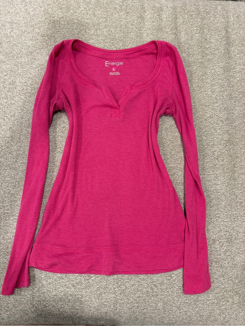 Energie Hot Pink Long Sleeve Ribbed Henley Top